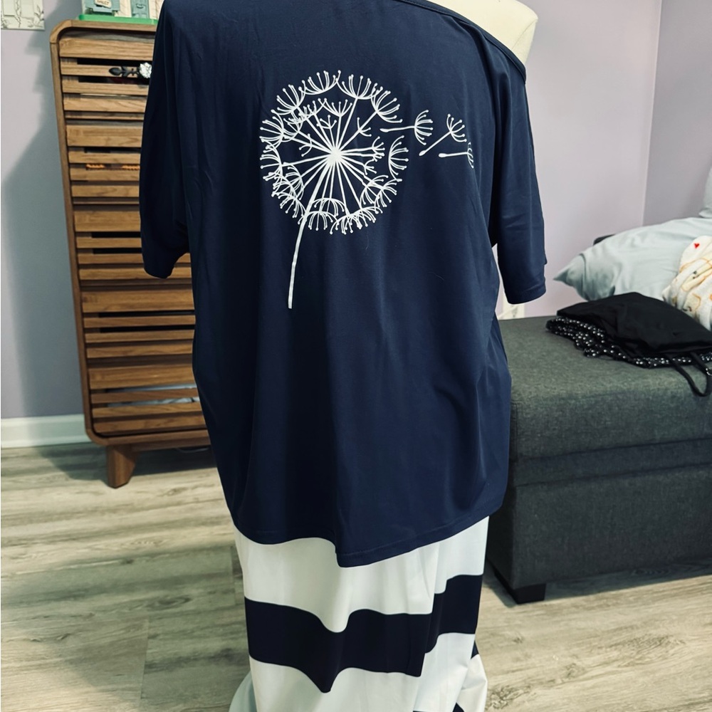 SUPER CUTE! Navy Blue & White Two Piece Off Shoulder Top and Skirt
